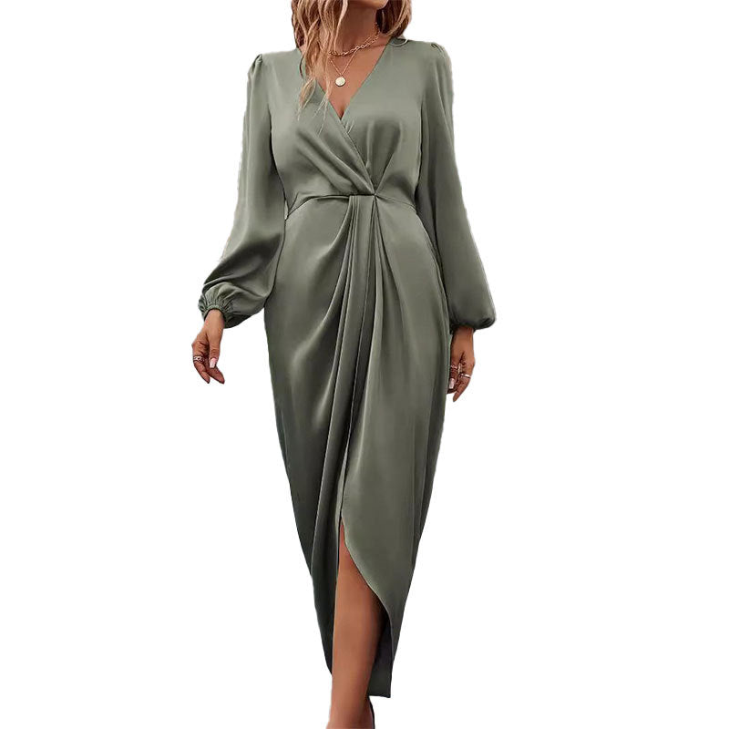 Damen Elegantes Maxikleid mit Tiefem V-Ausschnitt und Ballonärmeln