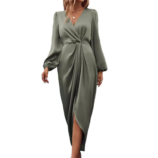 Damen Elegantes Maxikleid mit Tiefem V-Ausschnitt und Ballonärmeln