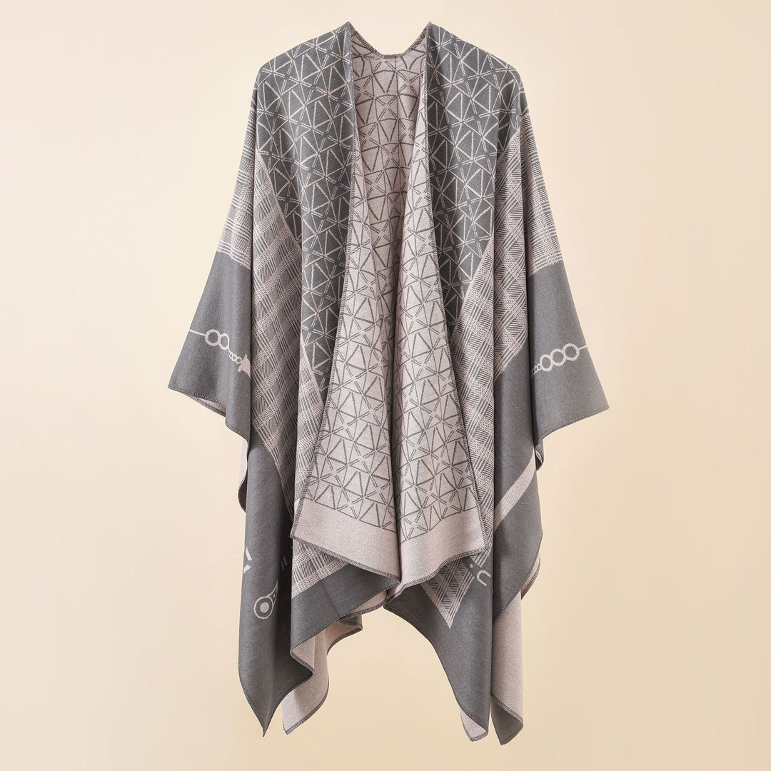 Damen Geometrisches Jacquard-Ruana-Cape aus Wollmix mit offener Kimono-Silhouette Shop Nory