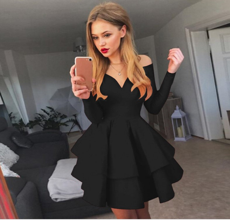 Damen Verspieltes schulterfreies Cocktailkleid mit Volants und tiefem V-Ausschnitt