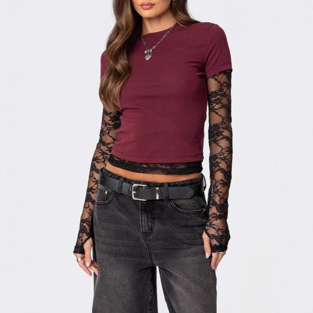 Damen Kurzshirt mit Spitzen-Ärmeln und Lagenoptik Shop Nory