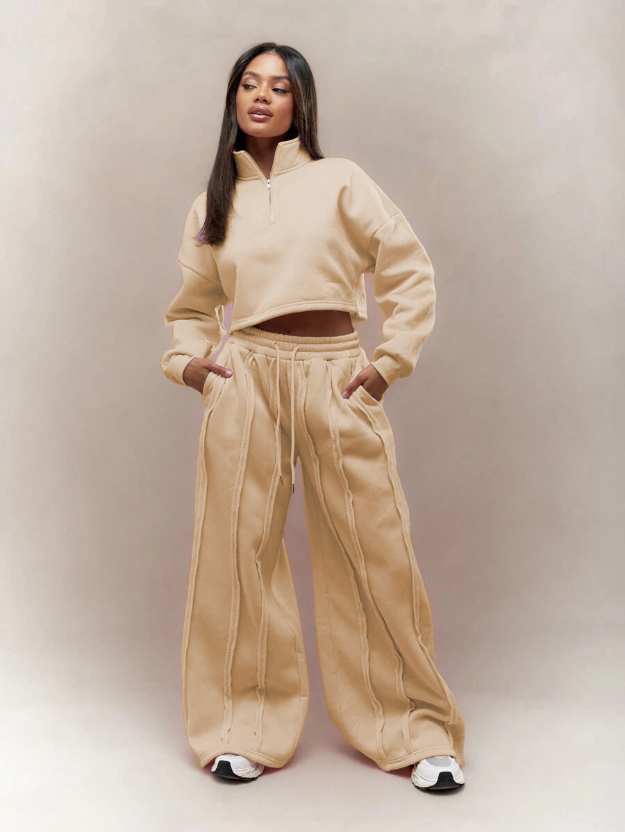 Damen Crop-Halbzip-Sweatshirt und High-Waist Wide-Leg Loungehose Set mit sichtbaren Naht-Details Shop Nory