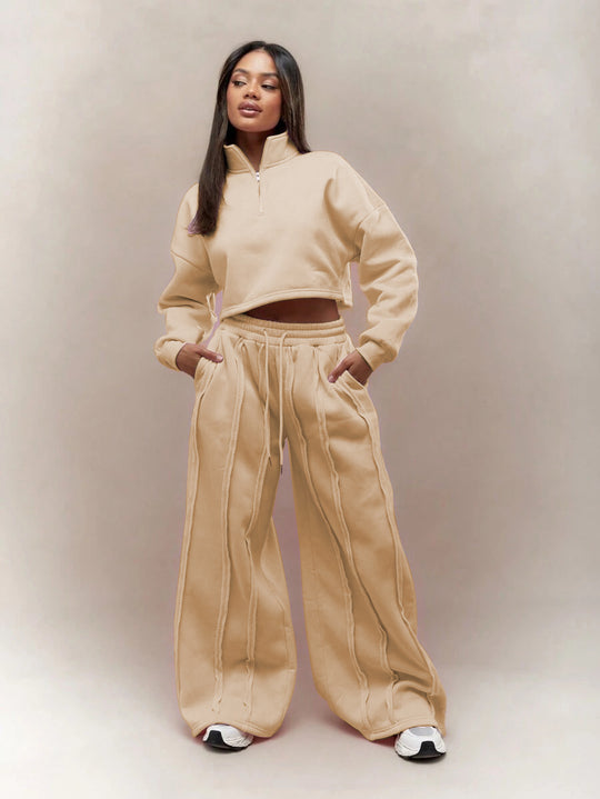 Damen Crop-Halbzip-Sweatshirt und High-Waist Wide-Leg Loungehose Set mit sichtbaren Naht-Details Shop Nory