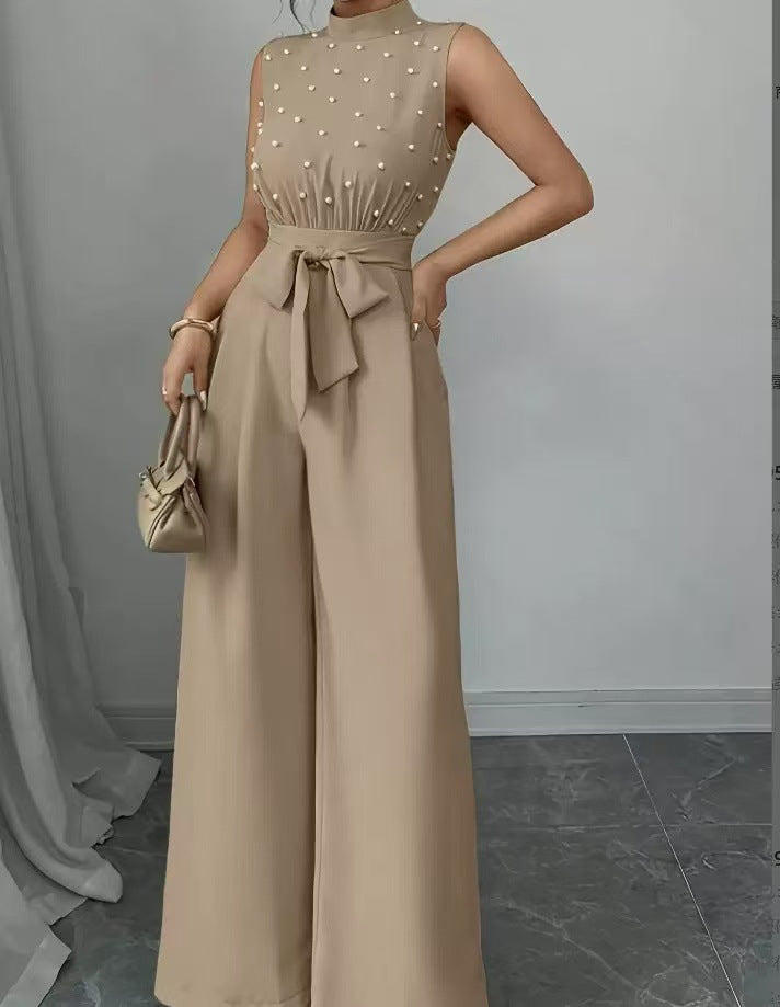 Damen Eleganter Jumpsuit mit Perlenbesatz, Stehkragen und weitem Palazzo-Bein Shop Nory