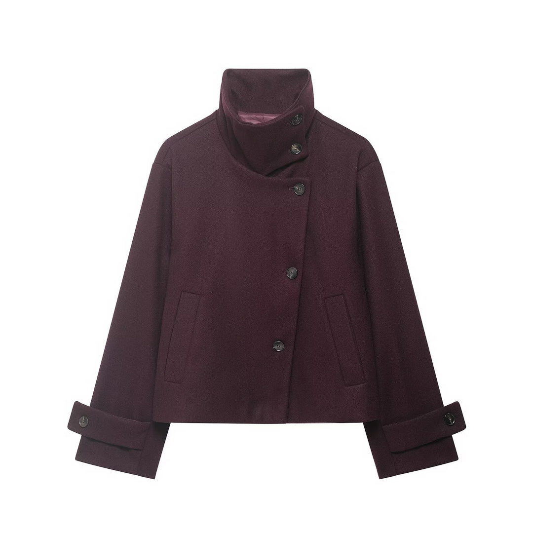 Damen Kurzer kastiger Wollmantel mit asymmetrischer Knopfleiste und Stehkragen Shop Nory