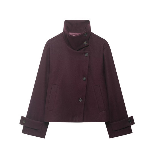 Damen Kurzer kastiger Wollmantel mit asymmetrischer Knopfleiste und Stehkragen Shop Nory