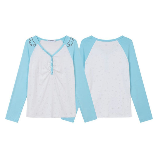 Damen Langarm-Henleyshirt mit Raglanärmeln, Raffung und Sternenprint Shop Nory