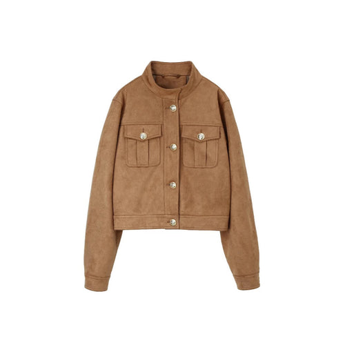 Damen Kurzjacke aus Wildlederoptik mit Stehkragen und aufgesetzten Pattentaschen Shop Nory
