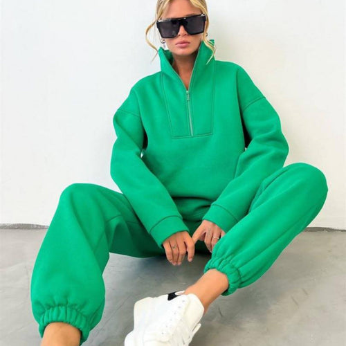 Damen lässiges Fleece-Set mit halbem Reißverschluss und weitem Schnitt