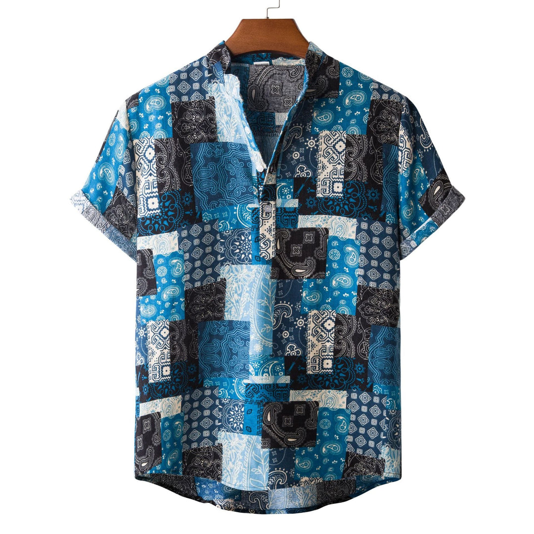 Herren Kurzarmhemd im bunten Patchwork-Design mit Henley-Ausschnitt