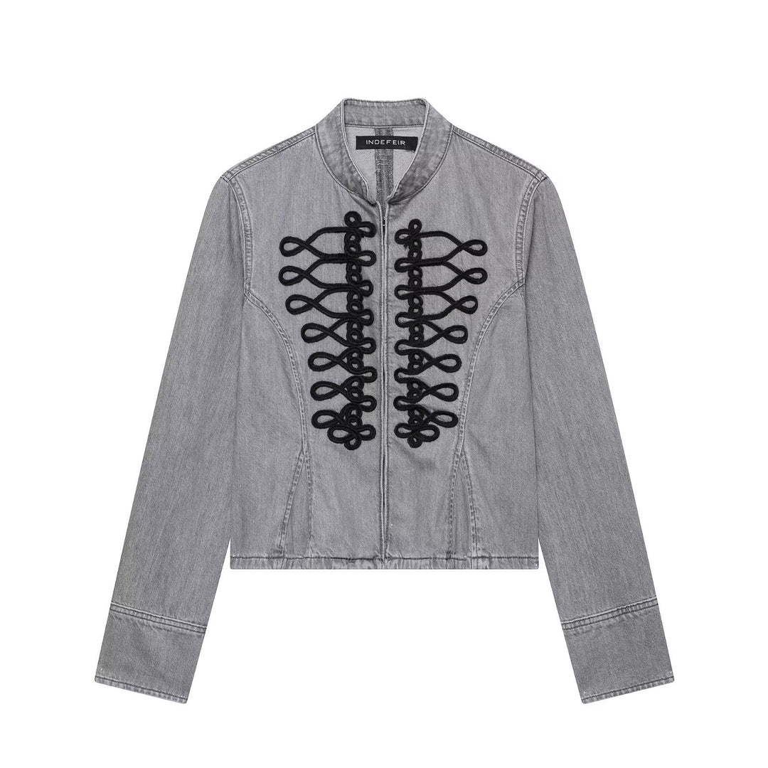 Damen Jeansjacke mit militärischer Kordelapplikation und Stehkragen Shop Nory