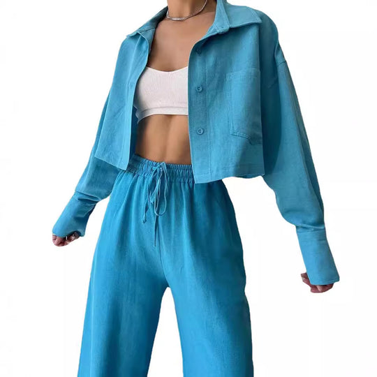 Damen Leinenoptik-Loungewear-Set mit Cropped-Overshirt und High-Waist-Tunnelzughose Shop Nory