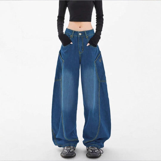 Damen Weite High-Waist Balloon-Jeans mit Utility-Taschen und kontrastierenden Nähten Shop Nory
