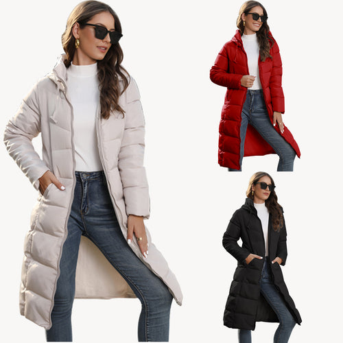 Damen Langer Steppmantel mit Kapuze und Thermofutter Shop Nory