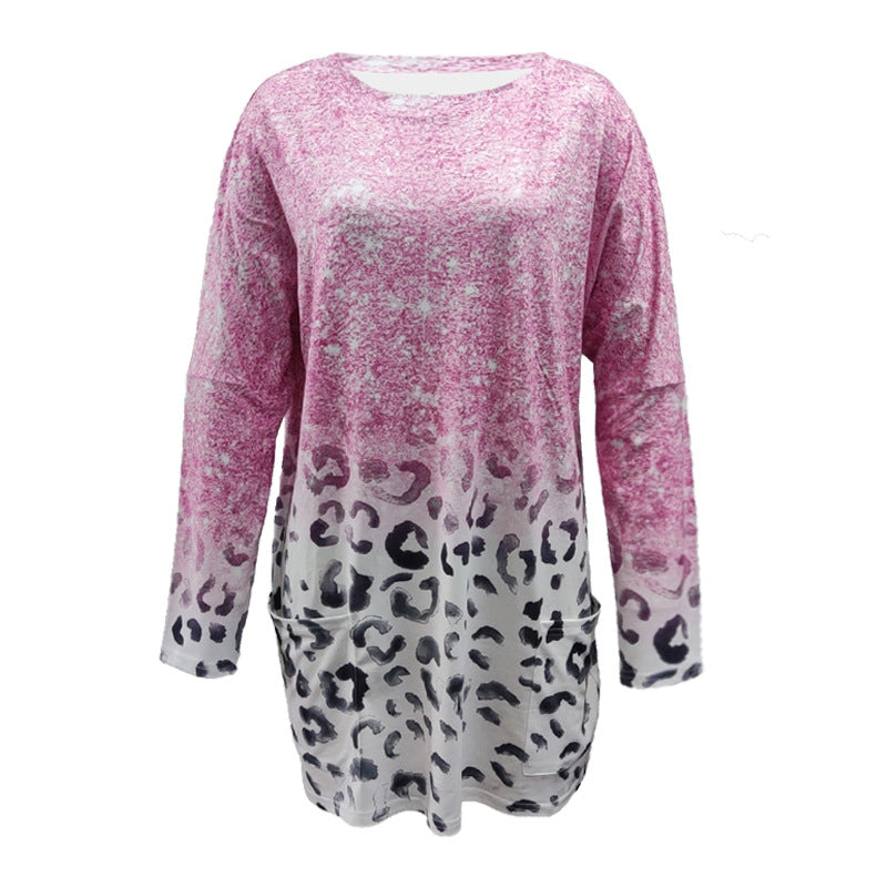 Damen Oversize Longshirt-Tunika mit Ombre-Leopardenprint und Eingrifftaschen Shop Nory