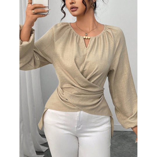Damen Taillierte Wickelbluse mit Perlendetail und Ballonärmeln Shop Nory