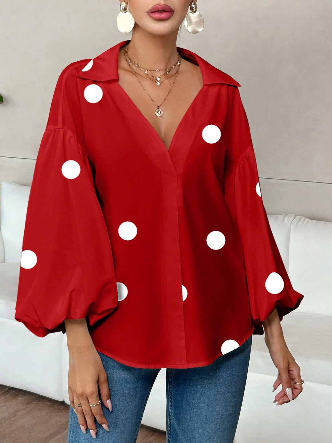 Damen Oversize-Bluse mit voluminösen Puffärmeln und Punktmuster Shop Nory