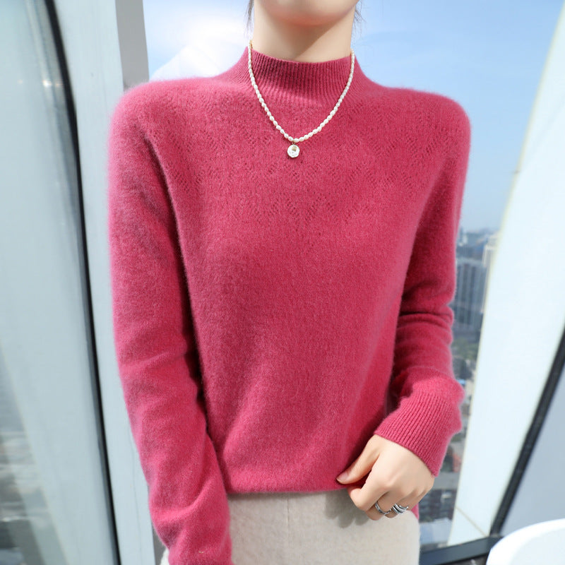 Damen Schlanker minimalistischer Stehkragen-Feinstrickpullover mit geripptem Hals Shop Nory