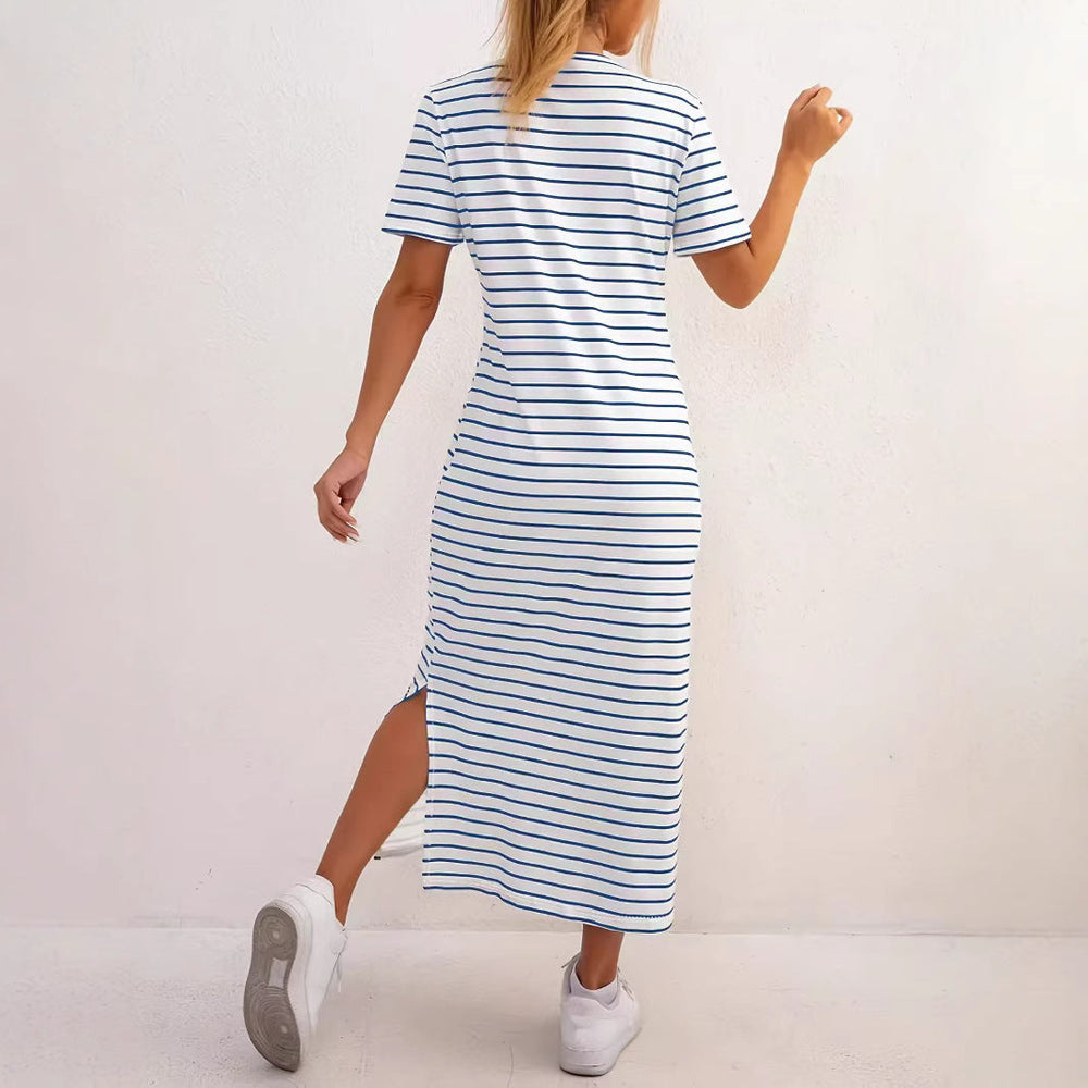 Damen Maxikleid mit seitlichen Schlitzen und gestreiftem Design