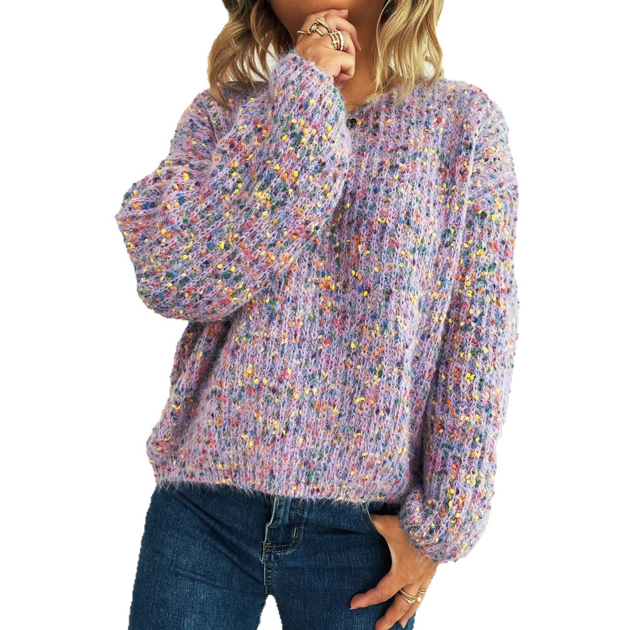 Damen komfortabler Strickpullover mit buntem Strukturmuster und weit geschnittenen Ärmeln