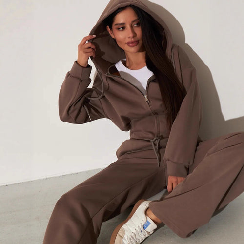 Damen kurzes Kapuzen-Zipshirt mit tailliertem Tunnelzug und weit geschnittene High-Waist-Loungehose Shop Nory
