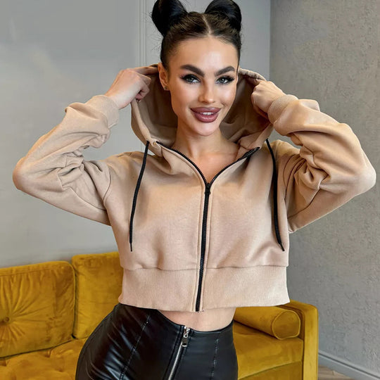 Damen Cropped Kapuzenjacke mit kurzem Reißverschluss und breitem Rippbund Shop Nory