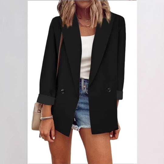 Damen Oversize Longline-Blazer mit 3/4-Ärmeln, Kontrastumschlag und aufgesetzten Taschen Shop Nory