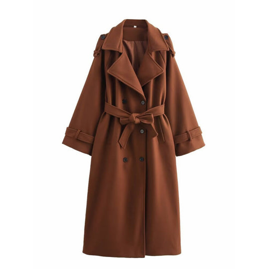 Damen langer doppeltreihiger Wollmix-Trenchcoat mit Gürtel und breitem Revers Shop Nory