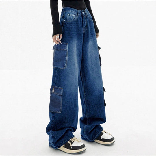 Damen Weite High-Waist Cargo-Jeans im Baggy-Schnitt mit Mehrfach-Taschen Shop Nory