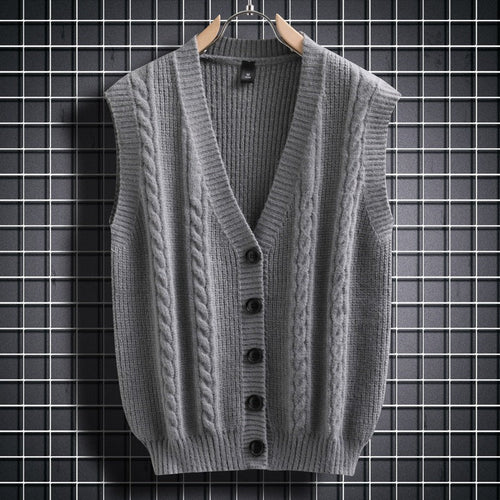 Herren ärmellose Strickjacke mit Zopfmuster und Knopfdetails