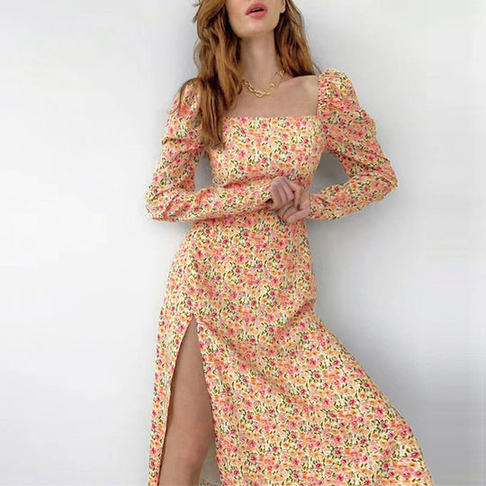 Damen Midikleid mit quadratischem Ausschnitt, tailliertem Bustier-Oberteil, Puffschulter und hohem Beinschlitz Shop Nory