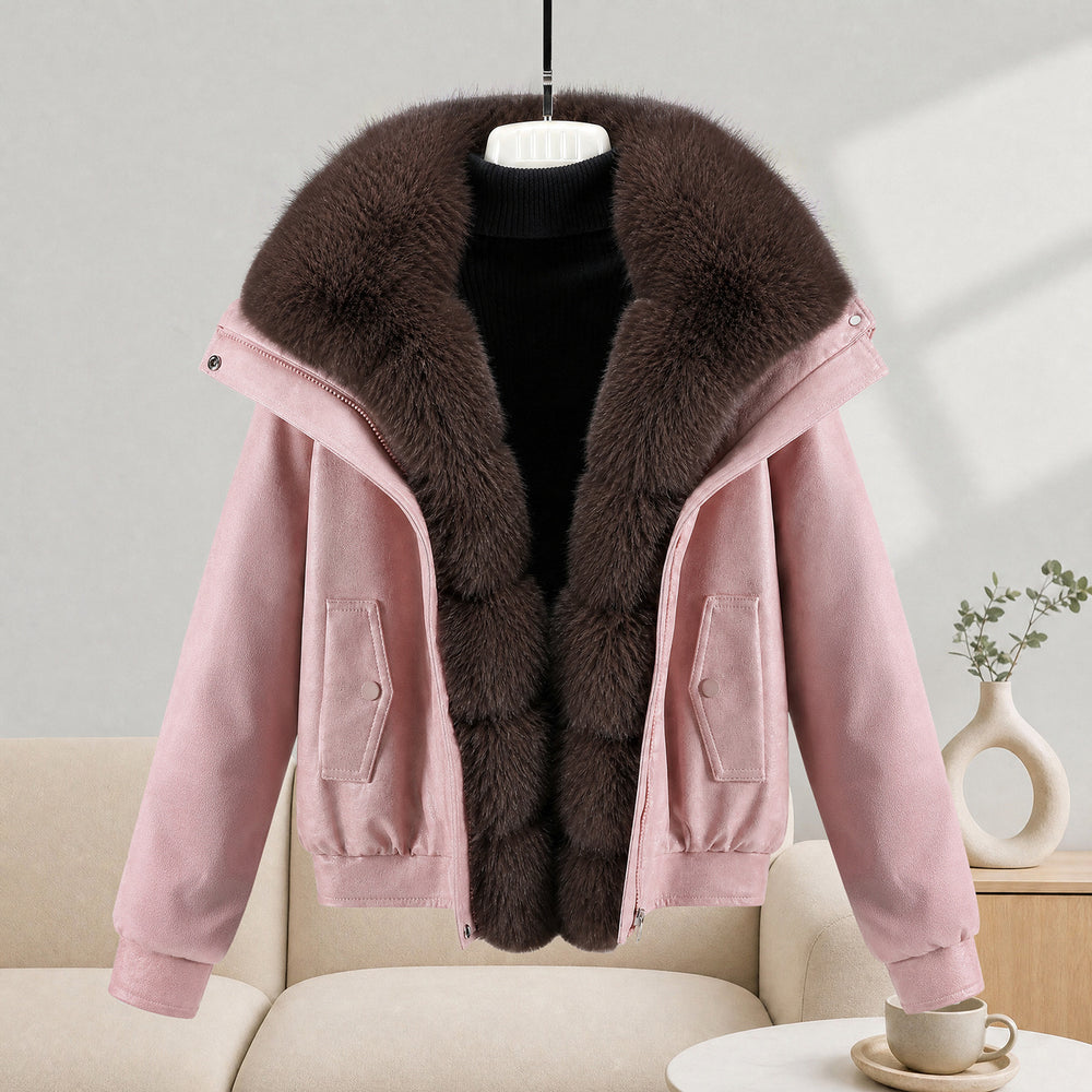 Damen nan kurze Lammfelloptik-Bomberjacke mit voluminösem Fellkragen und tailliertem Saum Shop Nory