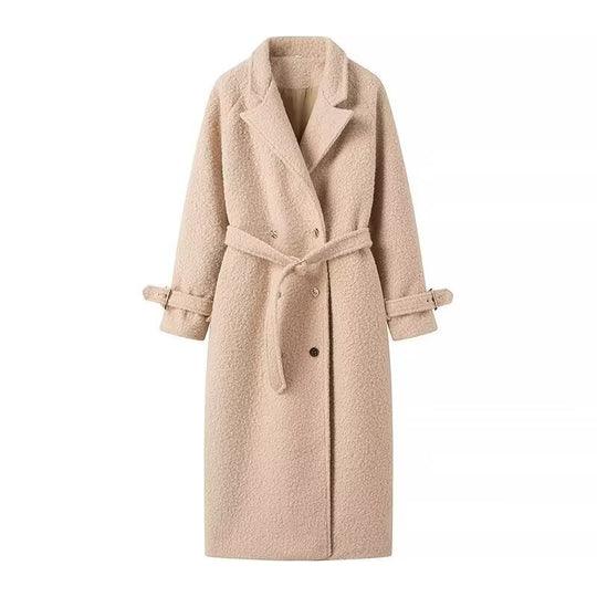 Damen Lang geschnittener Bouclé‑Teddy‑Mantel im Oversize‑Cut mit Doppelknopffront und verstellbaren Ärmelriemen Shop Nory