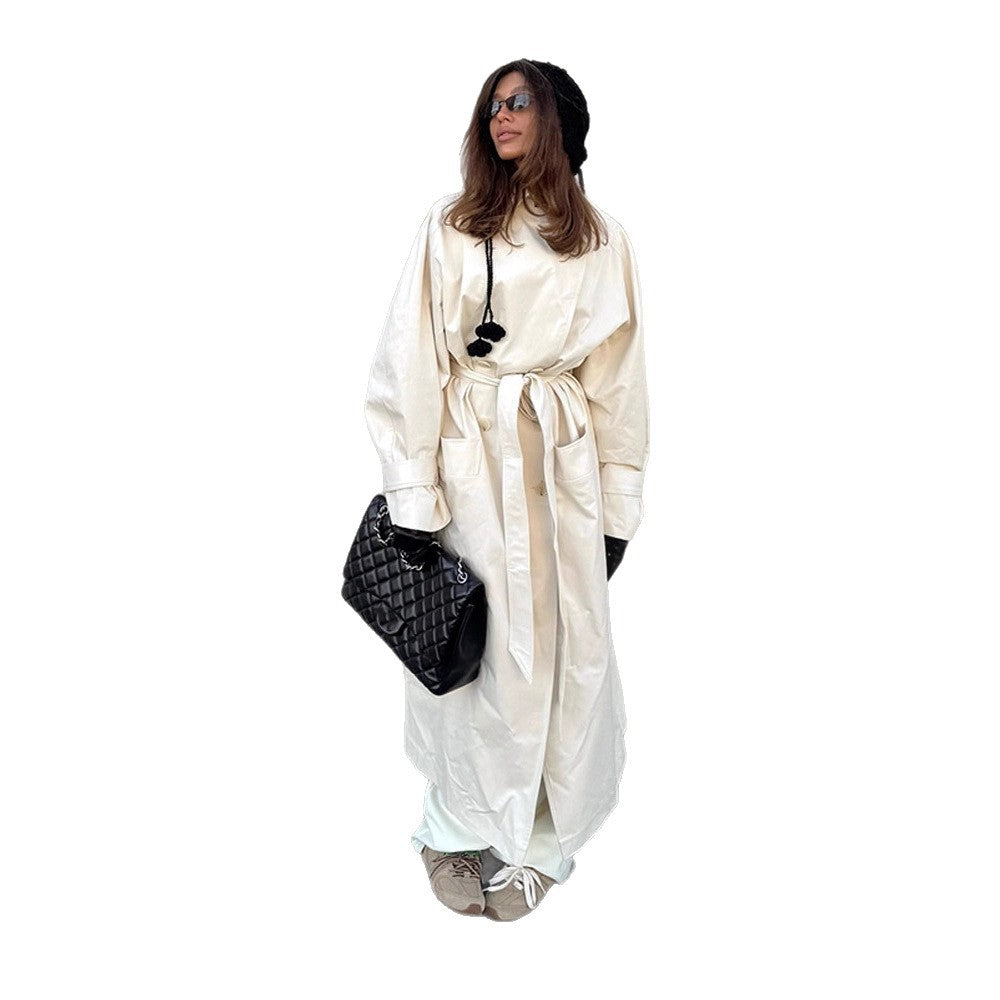 Damen Maxilanger taillierter Trenchcoat aus leichter Baumwollmischung mit Bindegürtel Shop Nory