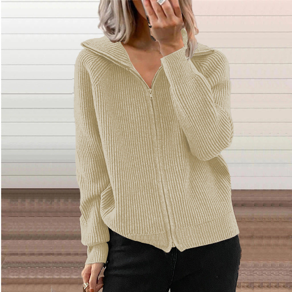 Damen bequeme Strickjacke mit hohem Kragen und durchgehendem Reißverschluss