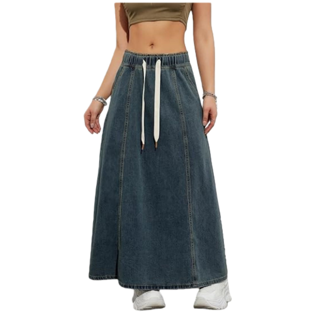 Damen Langer A-Linien Jeansrock mit elastischem Bund und Kordel Shop Nory