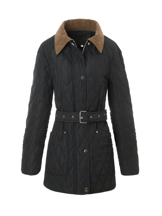 Damen Lange Steppjacke-Mantel mit tailliertem Gürtel und Kontrast-Cordkragen Shop Nory