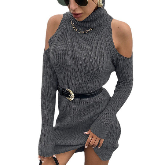 Damen Strickkleid mit offenen Schultern und hohem Kragen