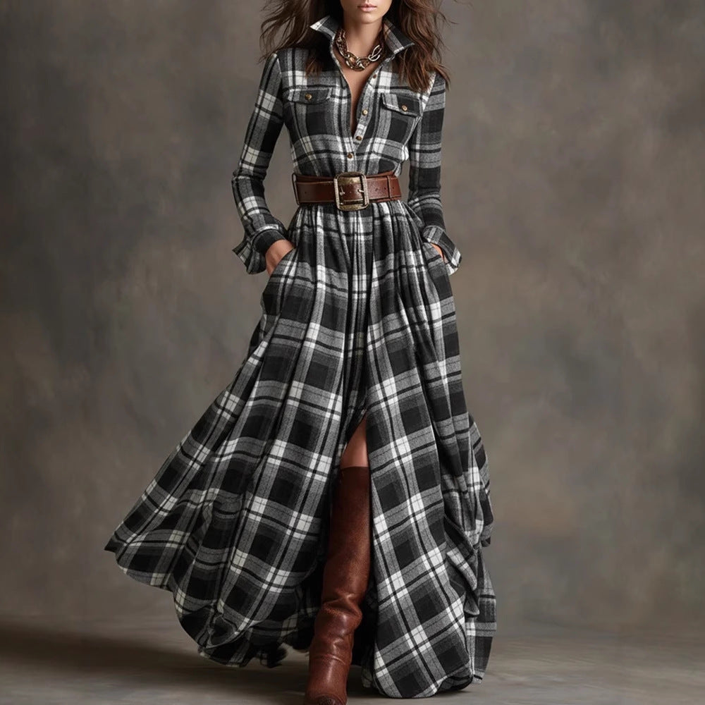 Damen Karierte Maxikleid mit Hemdbluse-Oberteil, Taillierter Bund und Eingrifftaschen Shop Nory