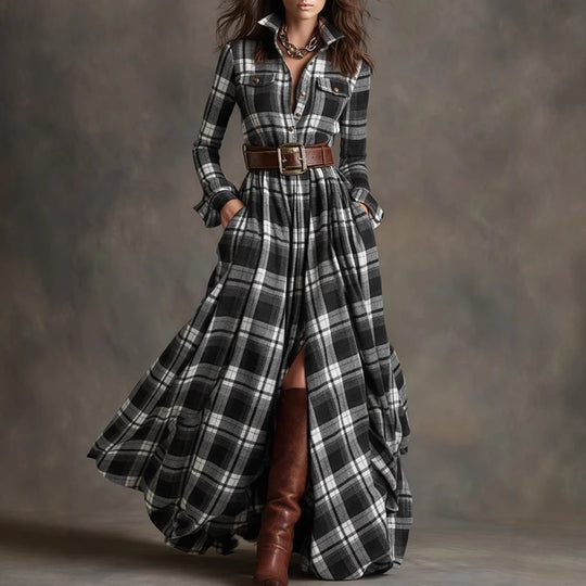 Damen Karierte Maxikleid mit Hemdbluse-Oberteil, Taillierter Bund und Eingrifftaschen Shop Nory