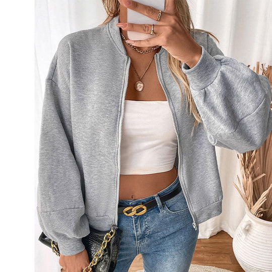 Damen Kurzgeschnittenes Bomber‑Sweatshirt mit Ballonärmeln und Reißverschluss Shop Nory