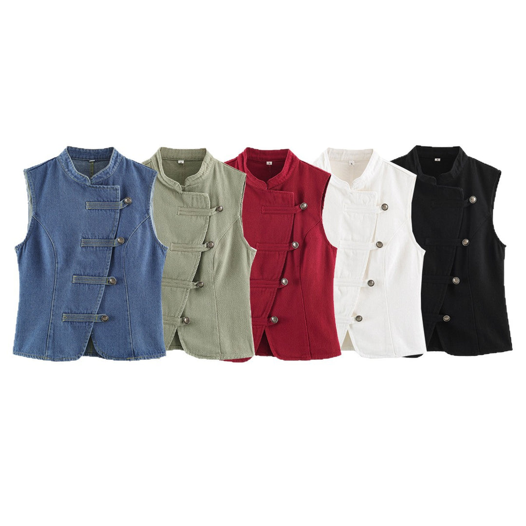 Damen Taillierte Weste mit Mandarinkragen und asymmetrischer Schlaufen‑Ösen‑Verschluss Shop Nory