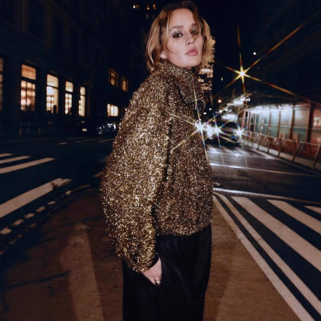 Damen Glitzernde Bouclé-Zipjacke mit weitem Kragen und cropped Boxy‑Schnitt Shop Nory