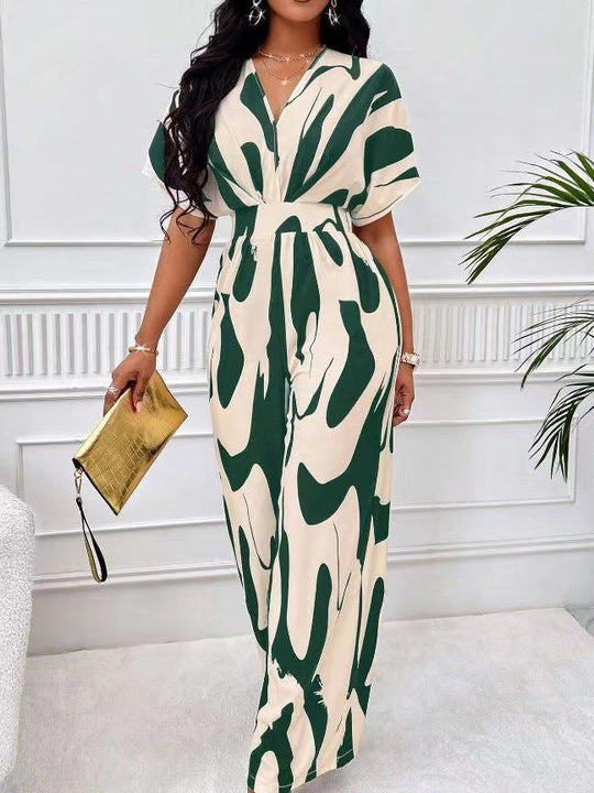 Damen Eleganter Jumpsuit mit großflächigem Muster und V-Ausschnitt