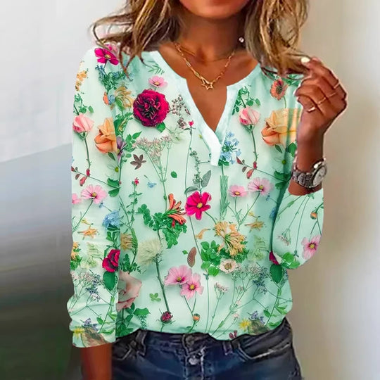 Damen Floral Lange Bluse im Chiffon-Look mit V-Schlitz und Lässiger Silhouette Shop Nory
