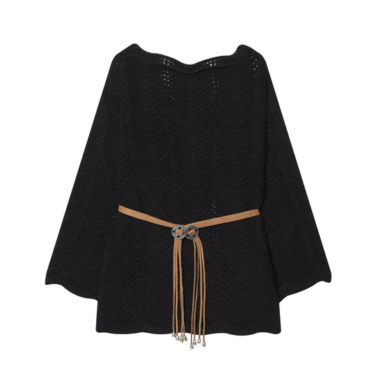 Damen Strickponcho mit Zickzack‑Ajourmuster und Taillengürtel Shop Nory
