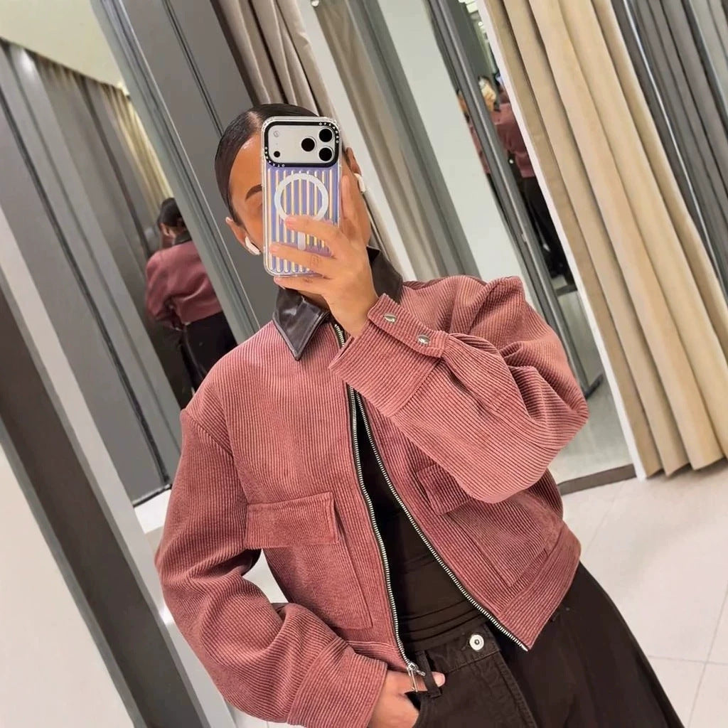 Damen Kurze Cordjacke mit kontrastierendem Lederkragen, Oversize-Silhouette und Metallreißverschluss Shop Nory