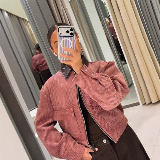 Damen Kurze Cordjacke mit kontrastierendem Lederkragen, Oversize-Silhouette und Metallreißverschluss Shop Nory