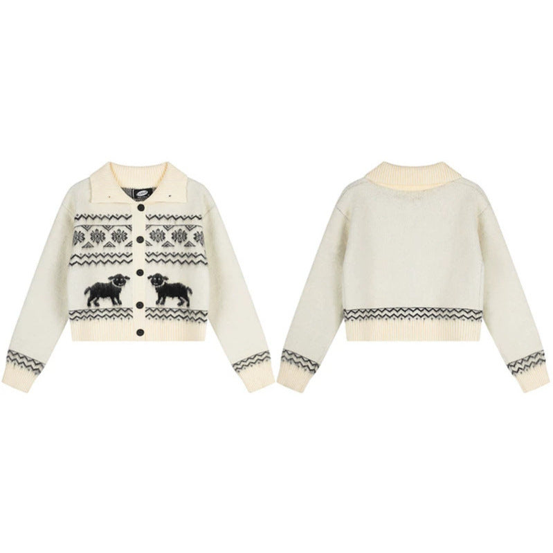 Damen Kurzgeschnittene Strickjacke im Norweger-Jacquard mit Reverskragen und Knopfverschluss Shop Nory