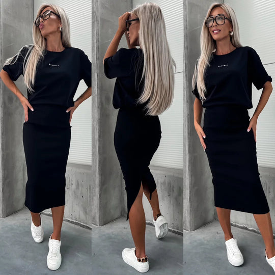 Damen lässiges Zweiteiler-Set aus Feinstrick mit oversized Shirt und Midi-Bleistiftrock mit Seitenschlitz Shop Nory